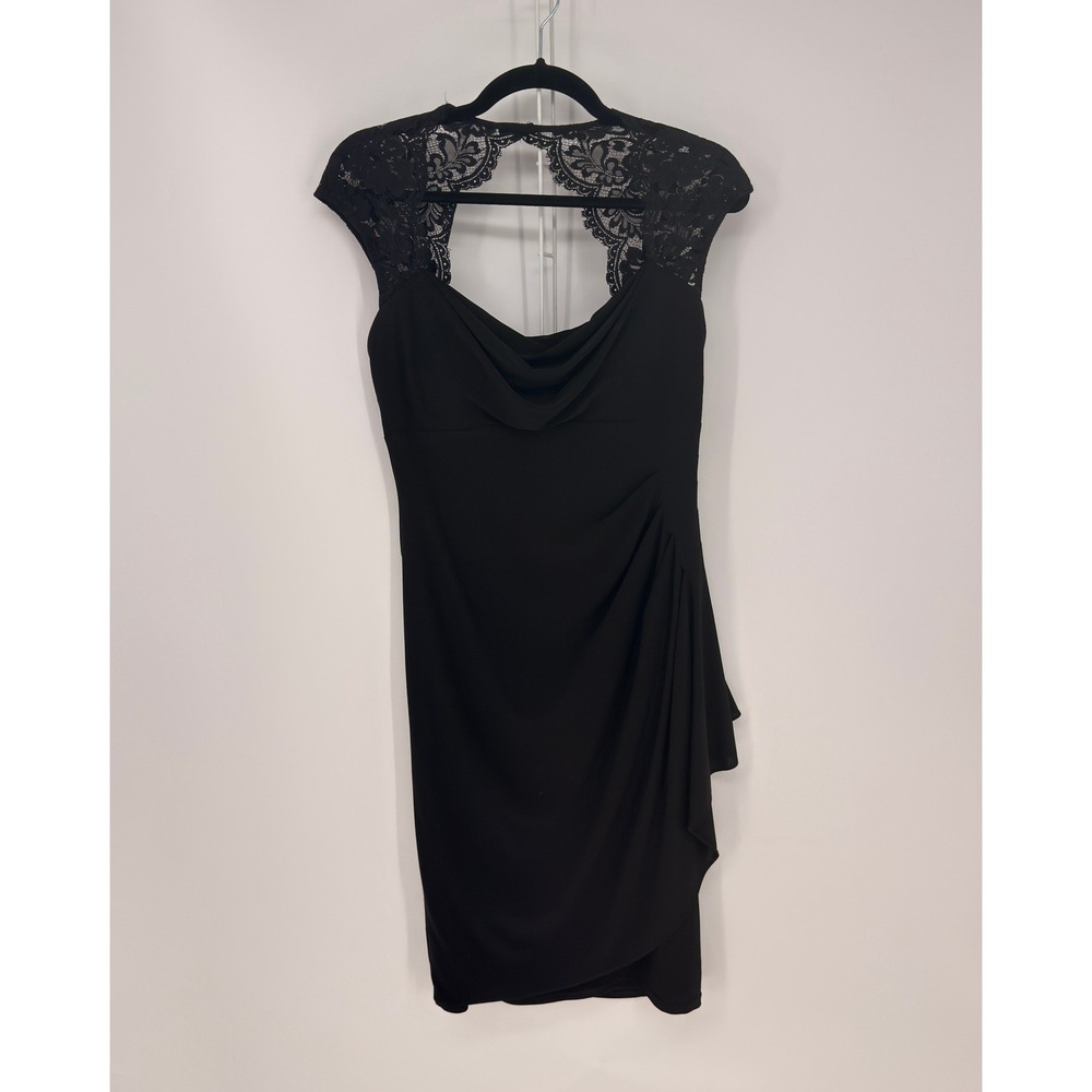 Xscape Joanna Chen Cocktail Dress Womens 6 Black Lace Ruched Formal LBD Elegant